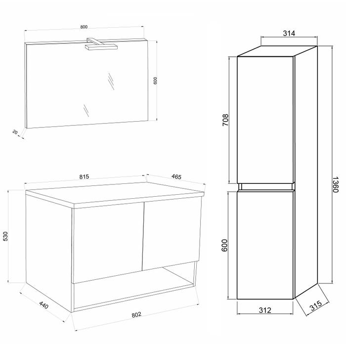 OSLO Meuble 2 portes pour vasque à poser Chêne fumé & plan gris béton largeur 80 cm + miroir + colonne 4