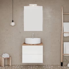 CITY Meuble simple vasque à poser 2 tiroirs Blanc et plan chêne naturel largeur 60 cm + miroir 5