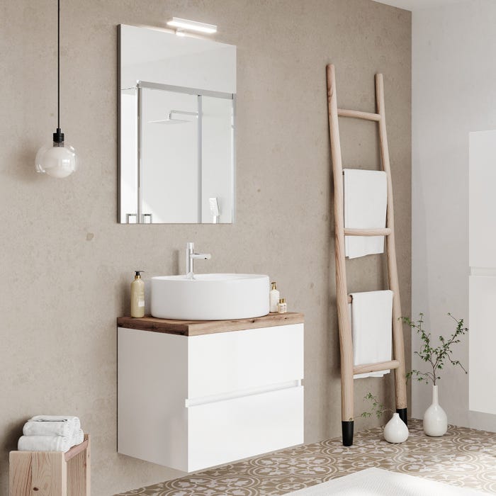 CITY Meuble simple vasque à poser 2 tiroirs Blanc et plan chêne naturel largeur 60 cm + miroir 1