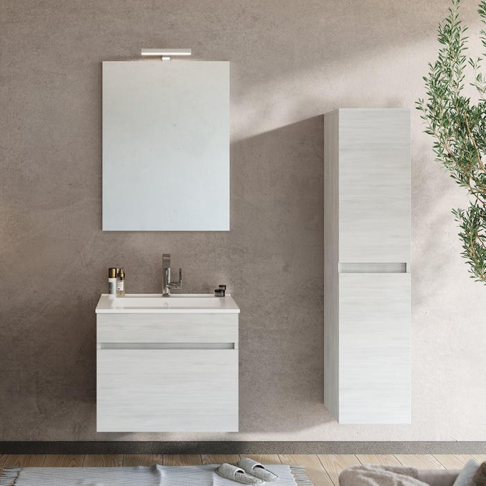 BOGOTA Meuble salle de bain simple vasque 1 tiroir Chêne blanc largeur 60 cm + miroir + colonne 0