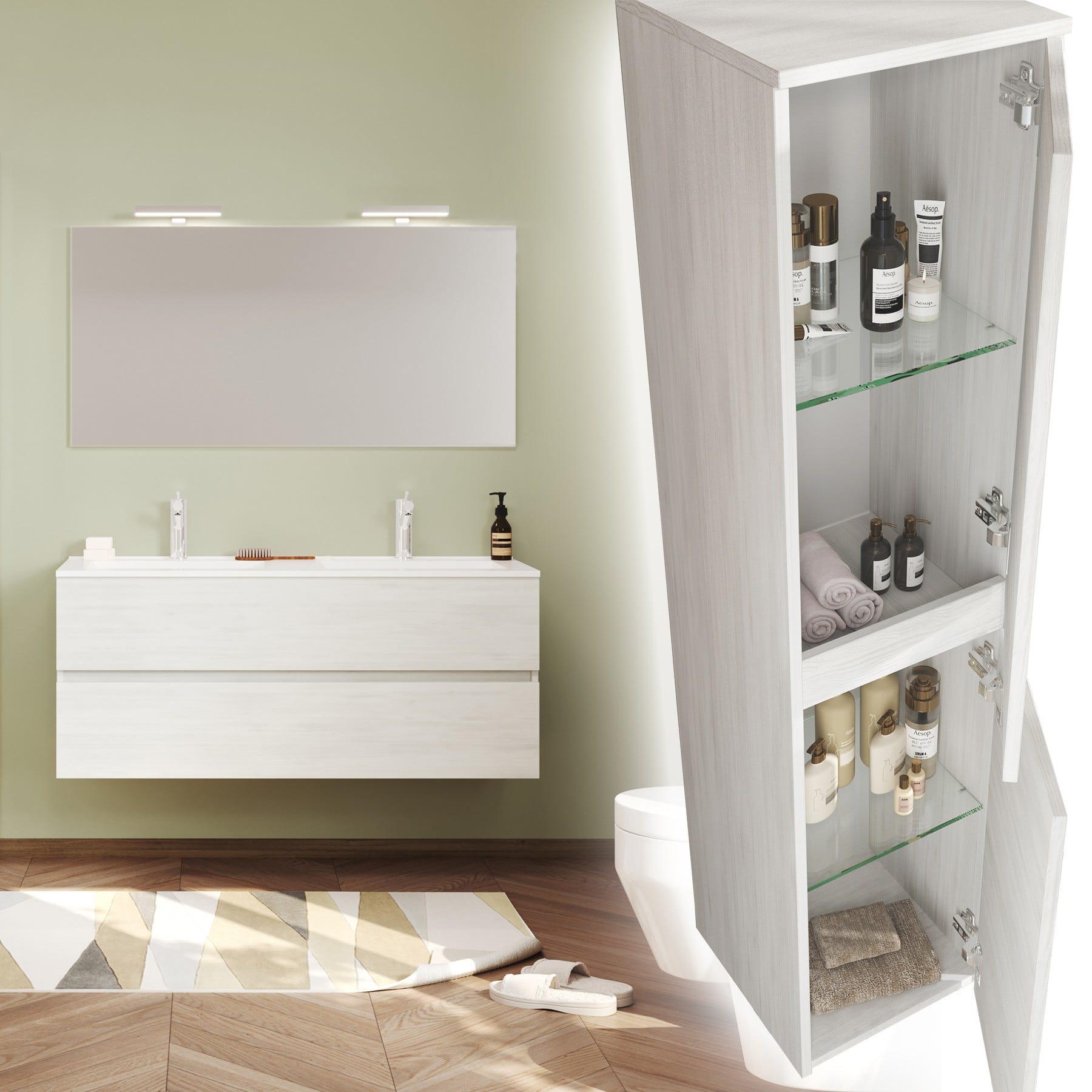 EASY Meuble salle de bain double vasque 2 tiroirs Chêne clair largeur 120 cm + miroir + colonne 1