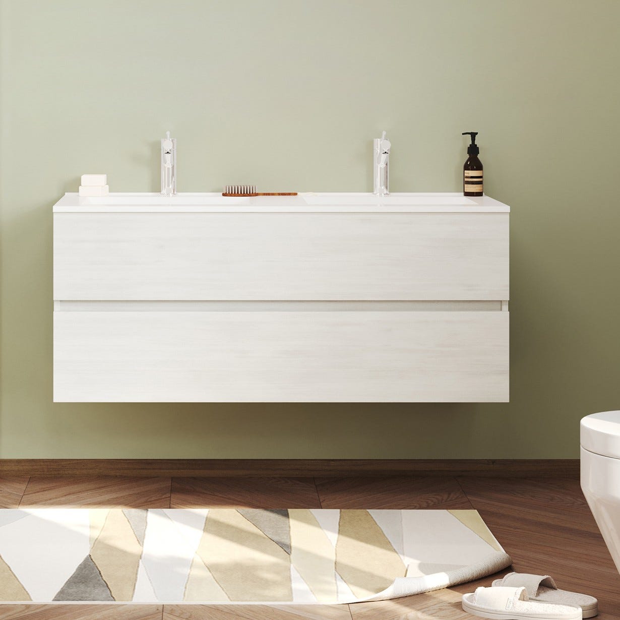 EASY Meuble salle de bain double vasque 2 tiroirs Chêne clair largeur 120 cm 1