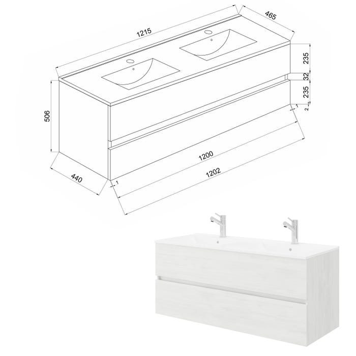 EASY Meuble salle de bain double vasque 2 tiroirs Chêne clair largeur 120 cm 4
