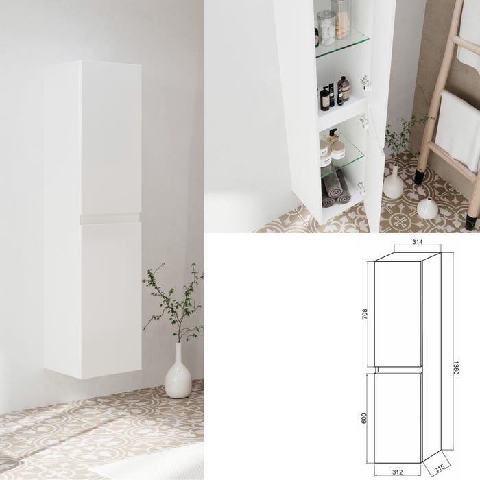 CITY Meuble simple vasque à poser 2 tiroirs Blanc et plan chêne naturel largeur 60 cm + miroir + colonne 3