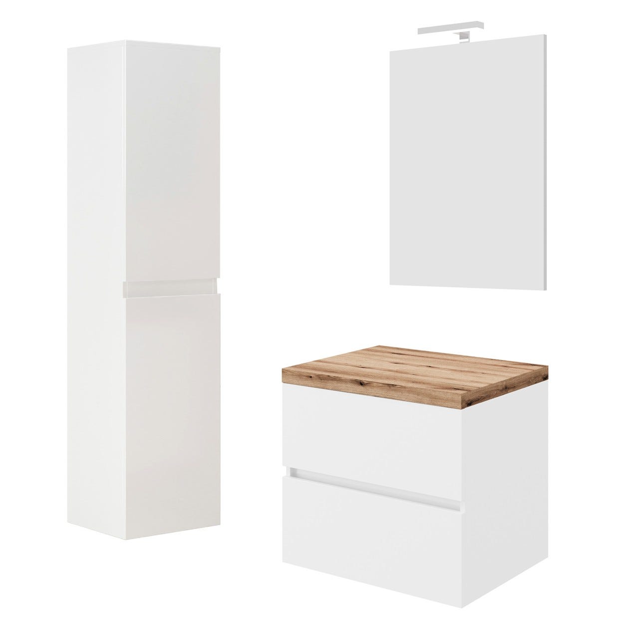 CITY Meuble simple vasque à poser 2 tiroirs Blanc et plan chêne naturel largeur 60 cm + miroir + colonne 0