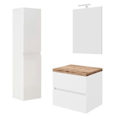 CITY Meuble simple vasque à poser 2 tiroirs Blanc et plan chêne naturel largeur 60 cm + miroir + colonne 0
