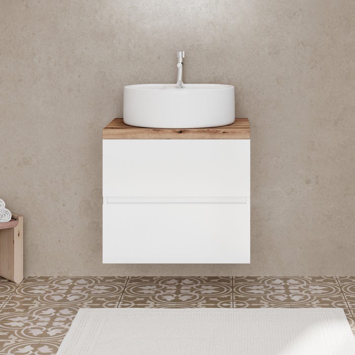 CITY Meuble simple vasque à poser 2 tiroirs Blanc & plan chêne naturel largeur 60 cm 2
