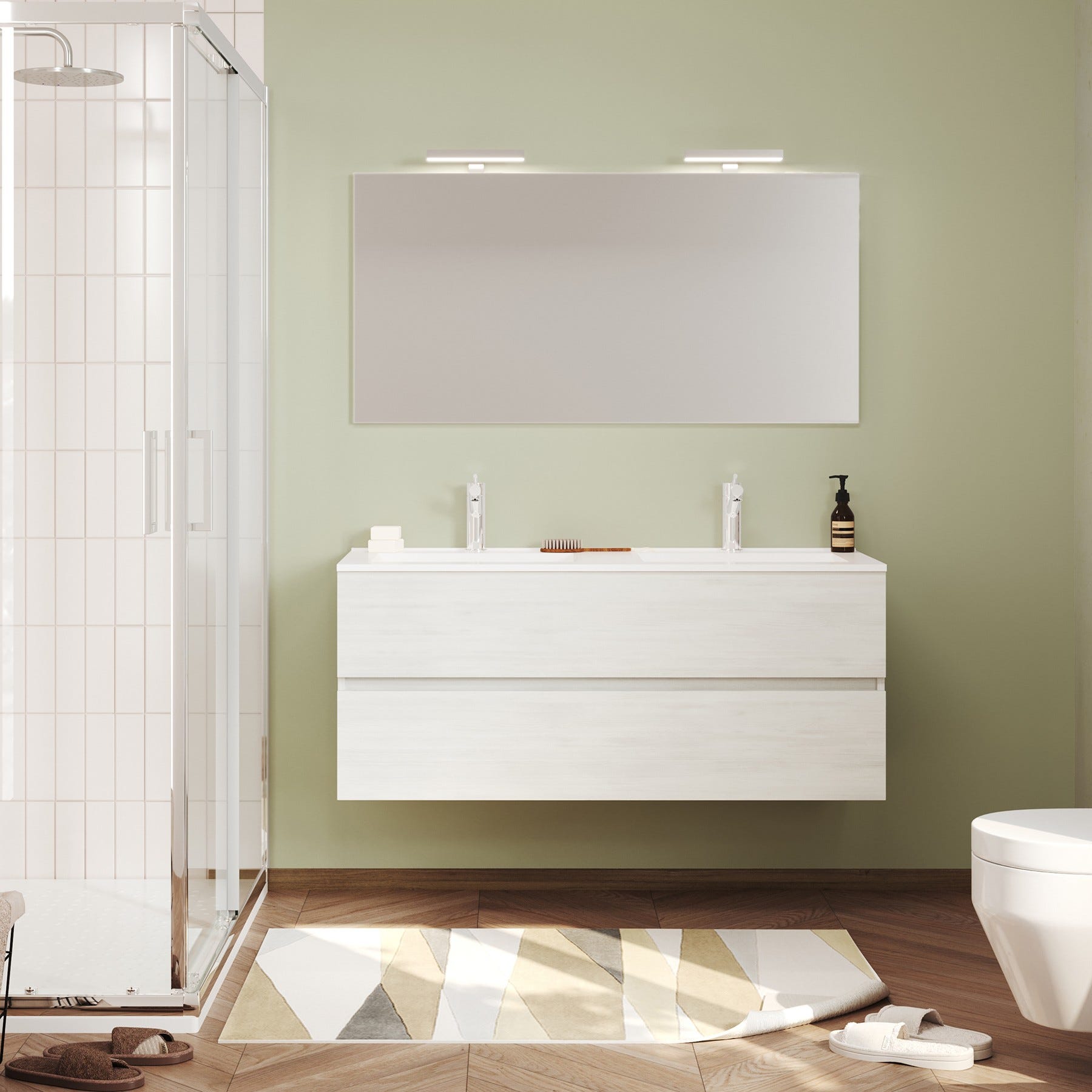 EASY Meuble salle de bain double vasque 2 tiroirs Chêne clair largeur 120 cm + miroir 1