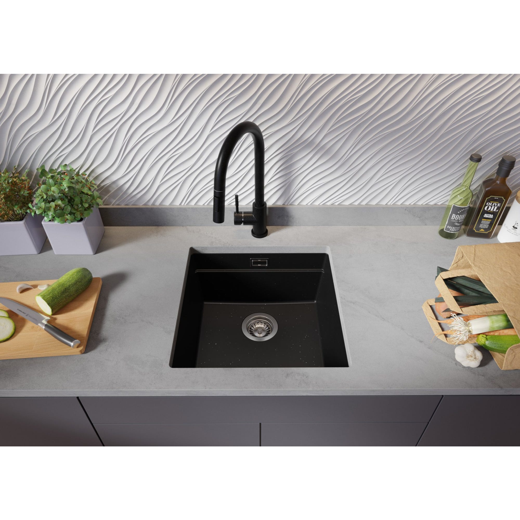 Évier Sous-Plan en Granit Noir Metallic 46x47 cm, Lavabo Cuisine 1 Bac + Kit de Vidage, Évier au meuble 50cm, Évier de Primagran 2