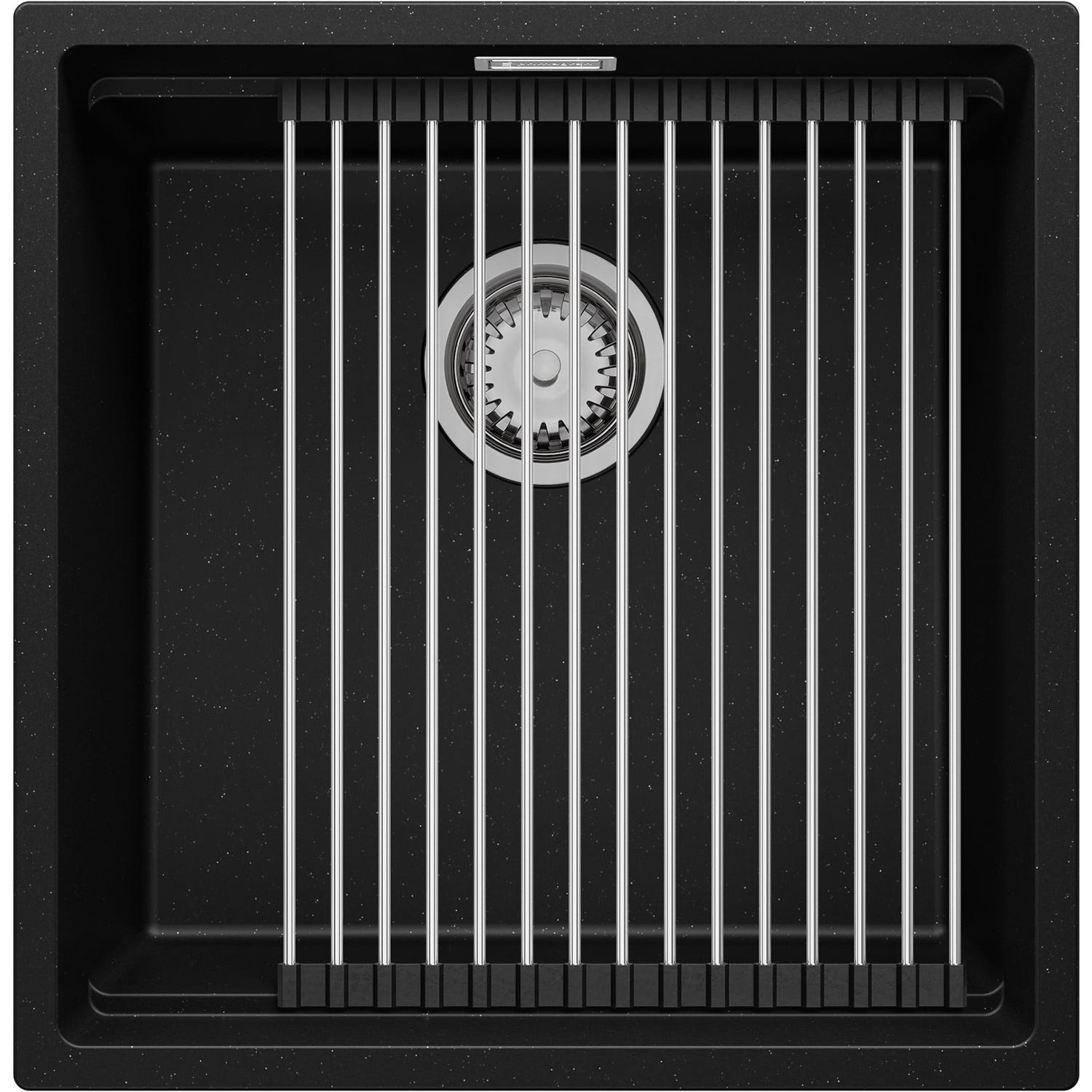 Évier Sous-Plan en Granit Noir Metallic 46x47 cm, Lavabo Cuisine 1 Bac + Kit de Vidage, Évier au meuble 50cm, Évier de Primagran 0