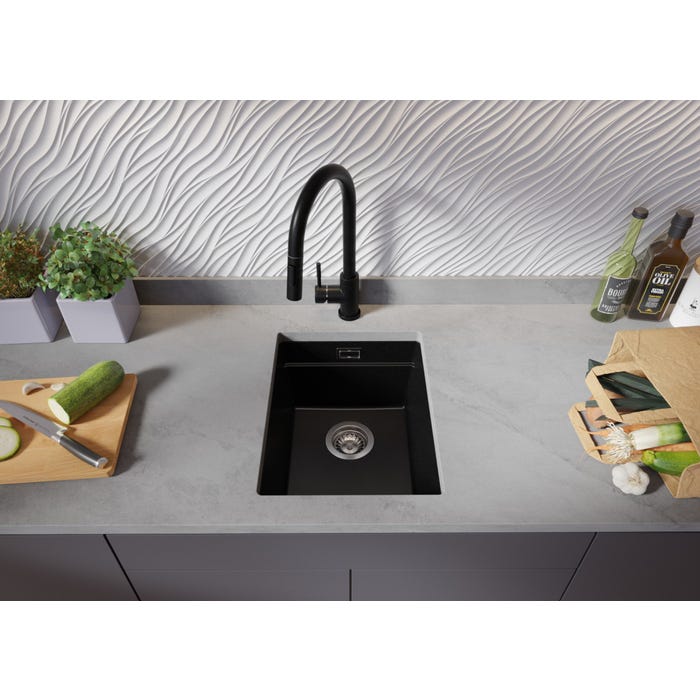 Évier Sous-Plan en Granit Noir 36x47 cm, Lavabo Cuisine 1 Bac + Kit de Vidage, Évier au meuble 40cm, Évier de Primagran 2