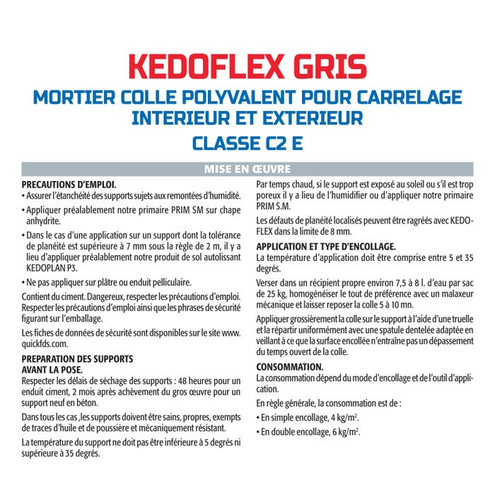Mortier Colle Polyvalent pour Carrelage Kedoflex Gris Semin, Intérieur/Extérieur, sac de 25 kg, lot de 2 1