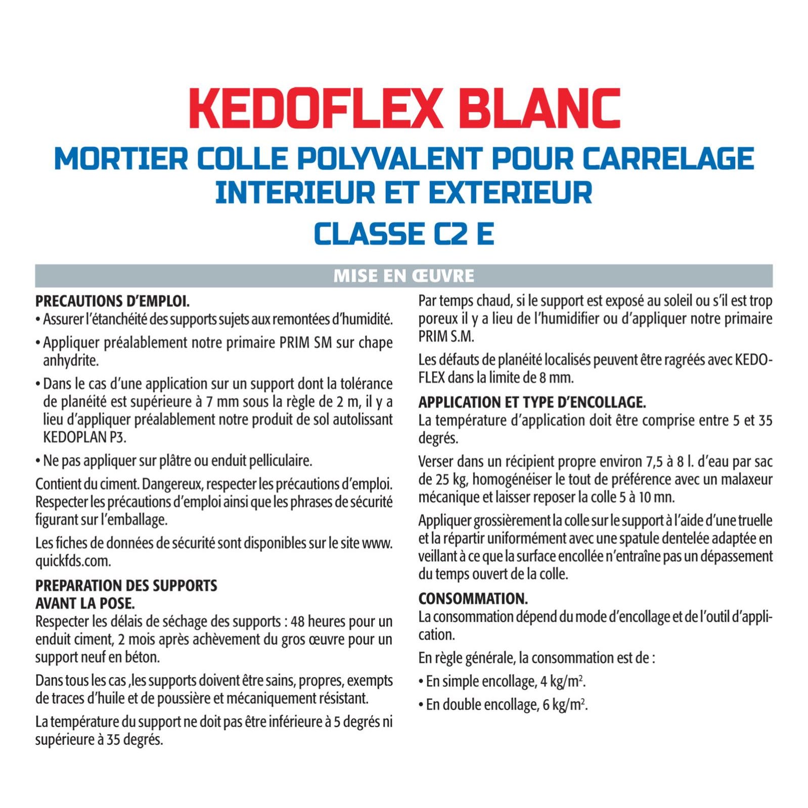 Mortier Colle Polyvalent pour Carrelage Kedoflex Blanc Semin, Intérieur/Extérieur, sac de 25 kg 2