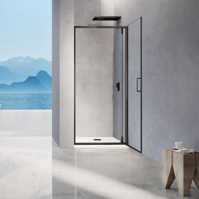 GRAND VERRE Porte de douche pivotante 100x195 avec profilés en noir mat ouverture 180° pour installation en niche 1