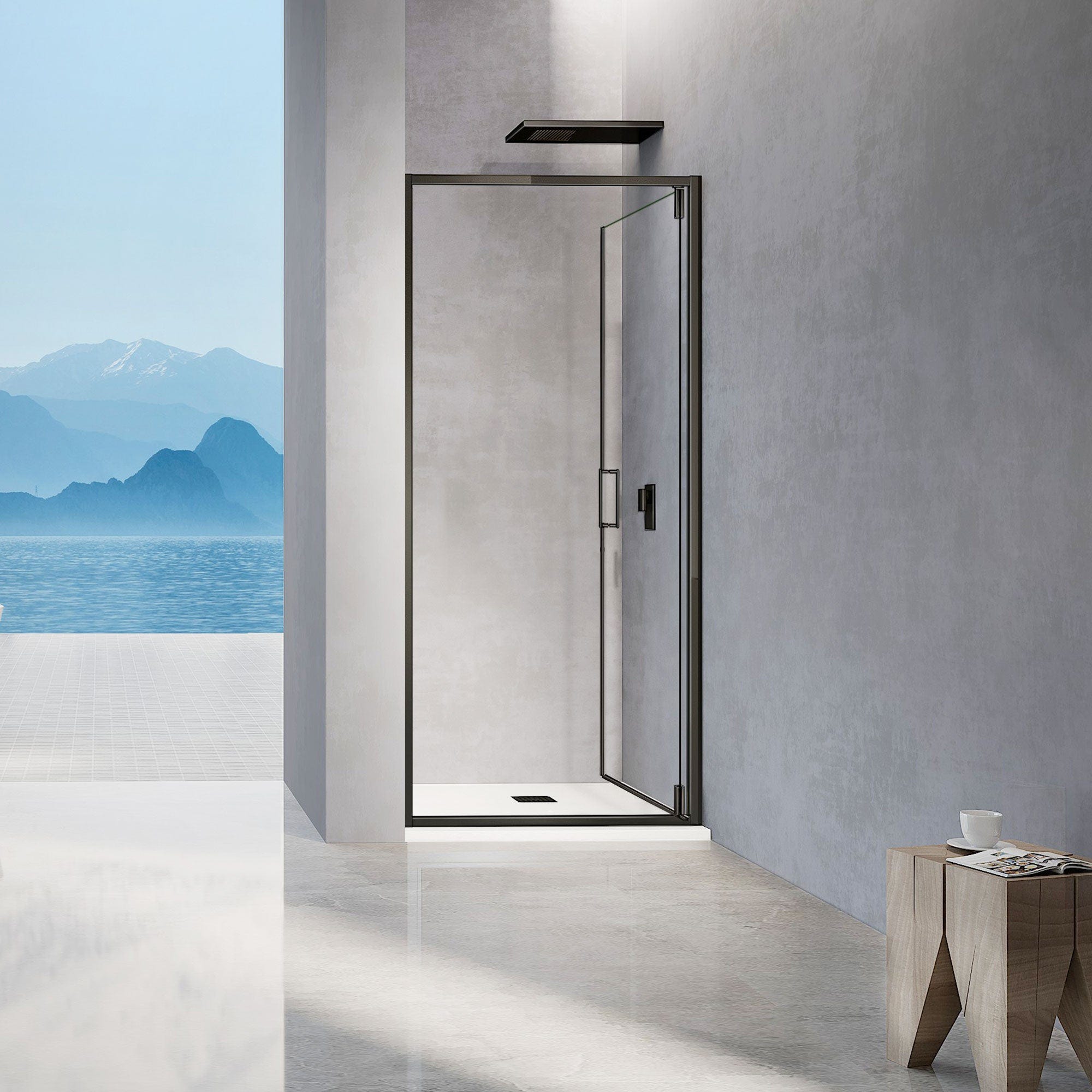 GRAND VERRE Porte de douche pivotante 100x195 avec profilés en noir mat ouverture 180° pour installation en niche 2