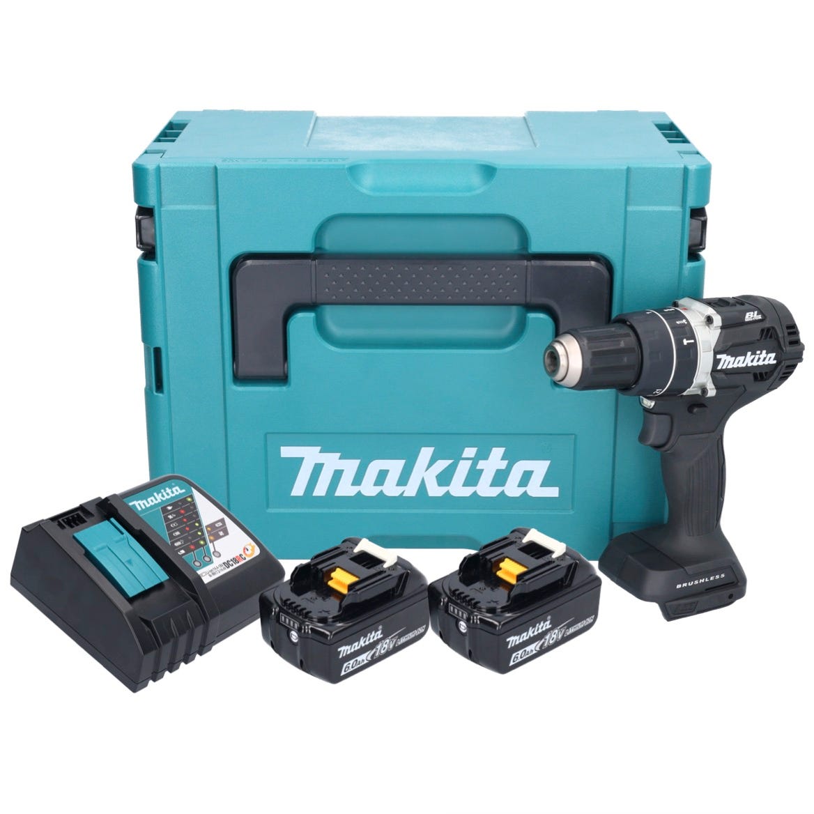 Makita DHP 484 RGJB Perceuse-visseuse à percussion sans fil 18 V 54 Nm Brushless noir + 2x batterie 6,0 Ah + chargeur + Makpac 0