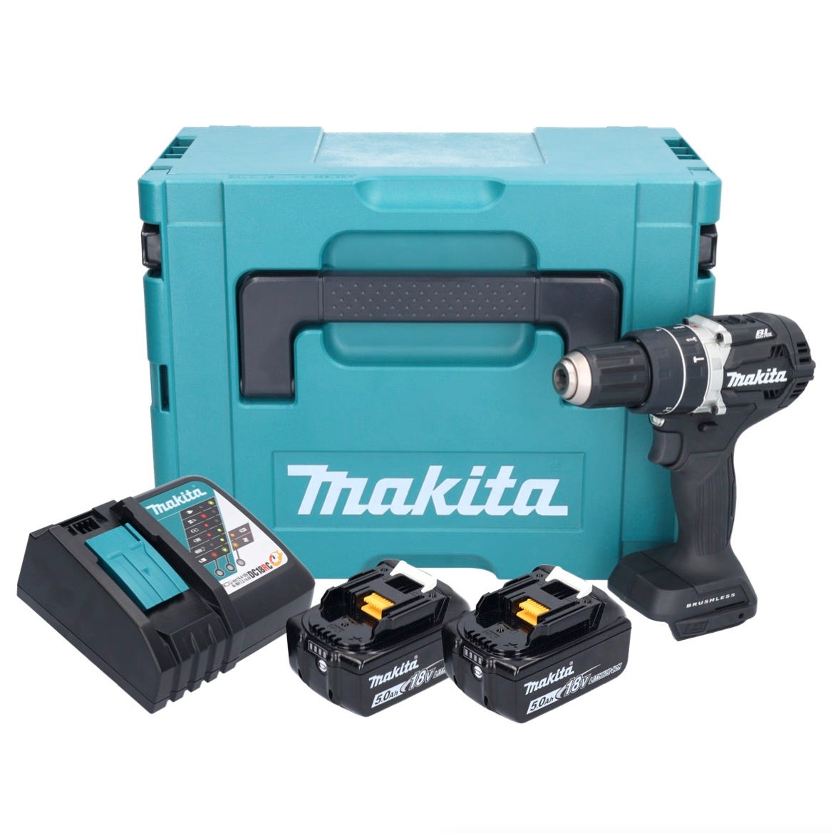 Makita DHP 484 RTJB Perceuse-visseuse à percussion sans fil 18 V 54 Nm Brushless noir + 2x batterie 5,0 Ah + chargeur + Makpac 0