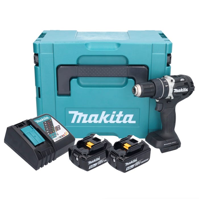 Makita DHP 484 RTJB Perceuse-visseuse à percussion sans fil 18 V 54 Nm Brushless noir + 2x batterie 5,0 Ah + chargeur + Makpac 0
