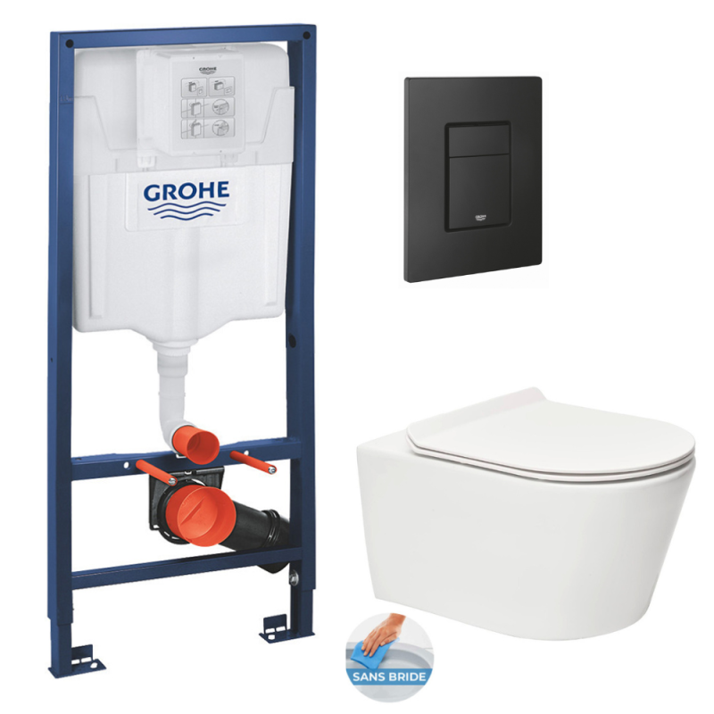 Grohe Pack WC Bâti-support Rapid SL + WC sans bride SAT + Abattant slim, softclose + Plaque de commande noir mat 0