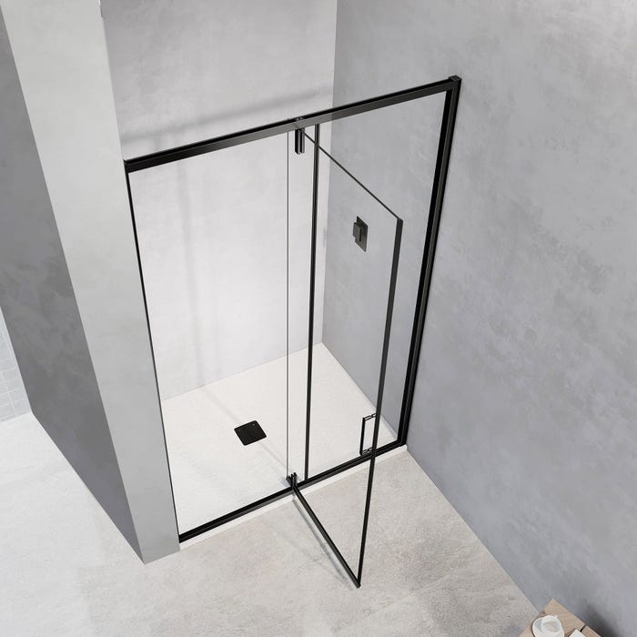 GRAND VERRE Porte de douche pivotante 140x195 avec élément fixe et cadre en aluminium noir mat 2