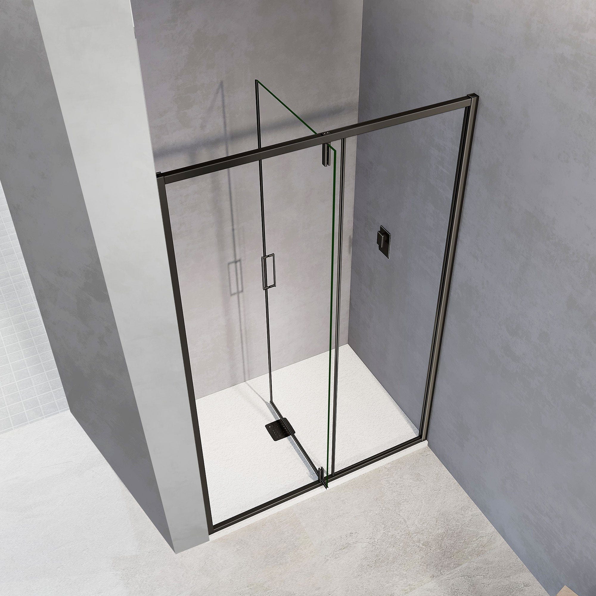 GRAND VERRE Porte de douche pivotante 140x195 avec élément fixe et cadre en aluminium noir mat 1