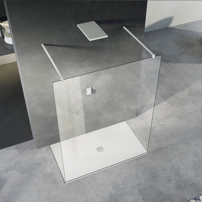 GRAND VERRE Paroi de douche fixe 90x200 avec deux barres de fixation 140cm en aluminium blanc mat 1