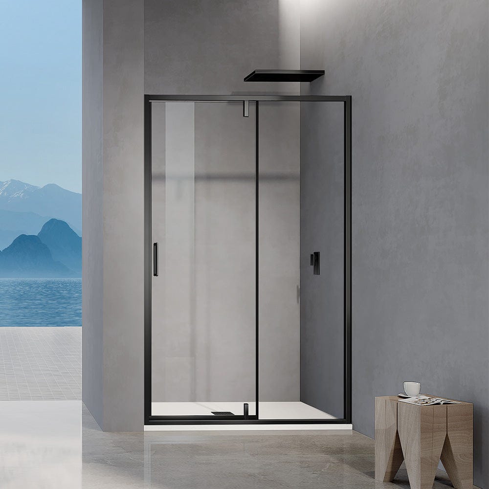 GRAND VERRE Porte de douche pivotante 90x195 avec élément fixe et cadre en aluminium noir mat 0