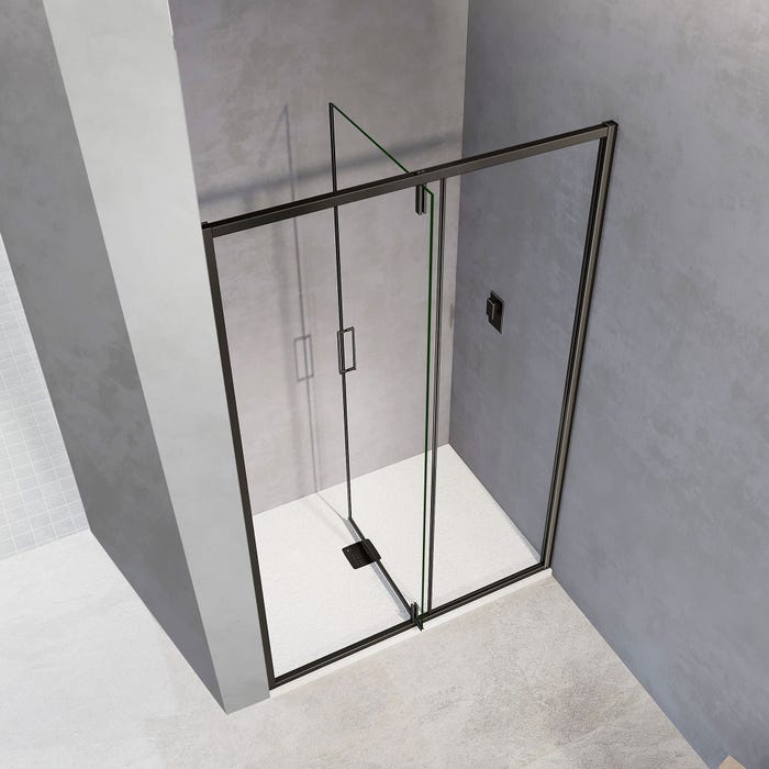 GRAND VERRE Porte de douche pivotante 90x195 avec élément fixe et cadre en aluminium noir mat 1