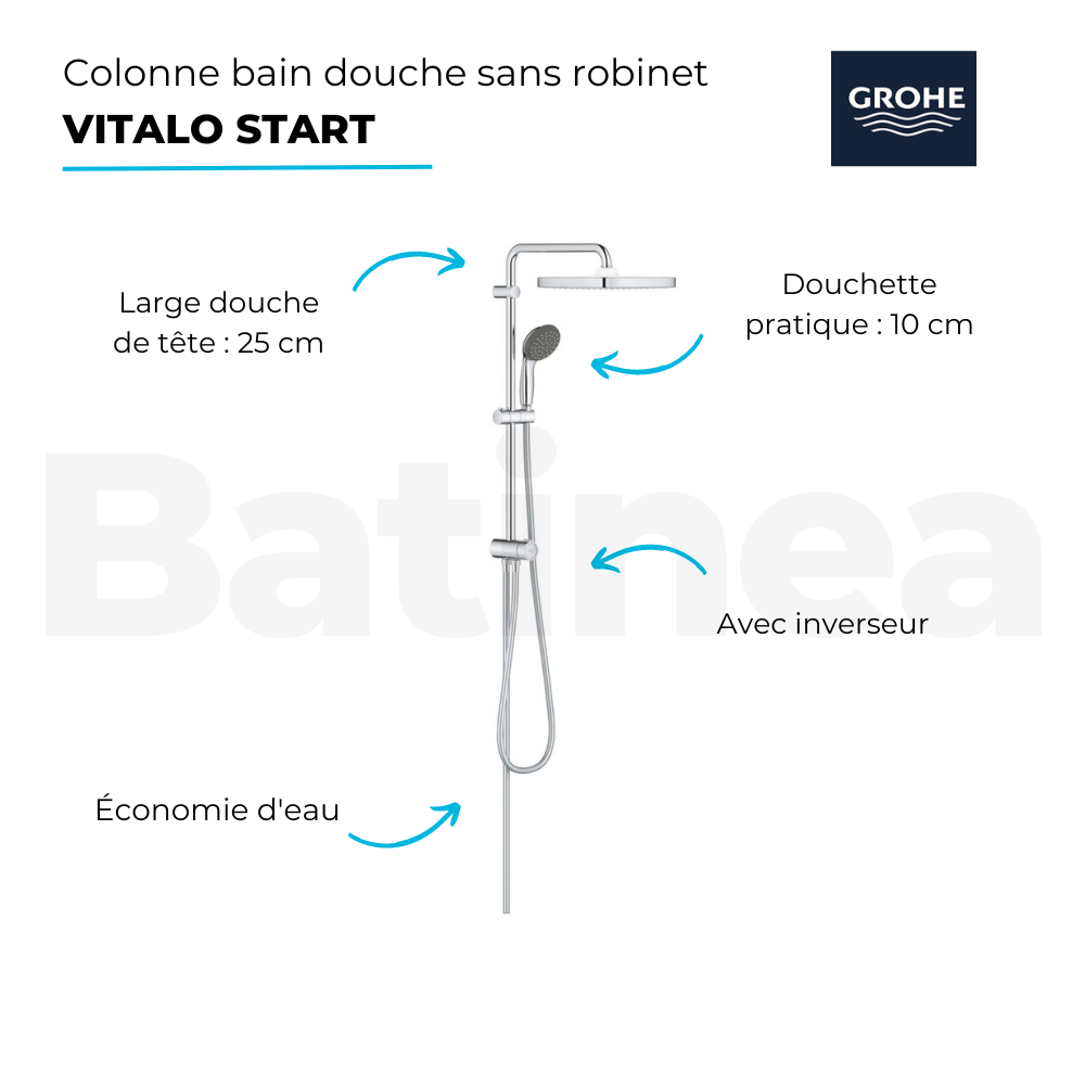 Colonne bain douche sans mitigeur GROHE Vitalio Start System avec inverseur manuel 250 + microfibre 1