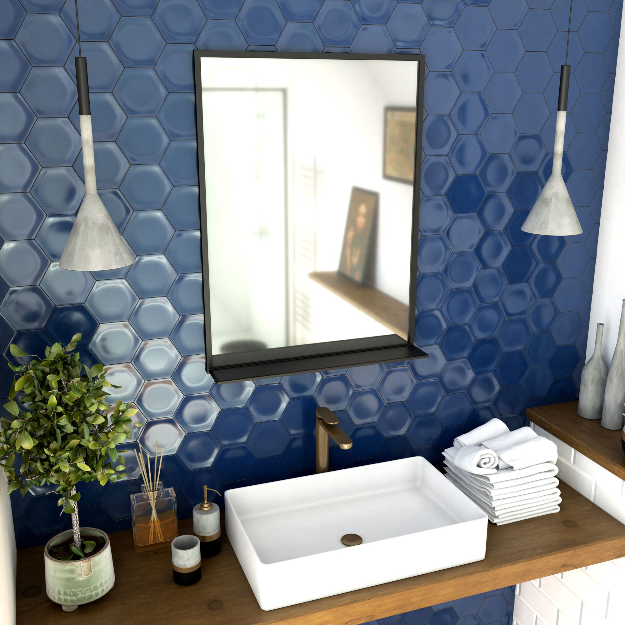 Miroir salle de bain 80x60cm - laqué noir mat avec étagères - FRAMED MIRROR 0
