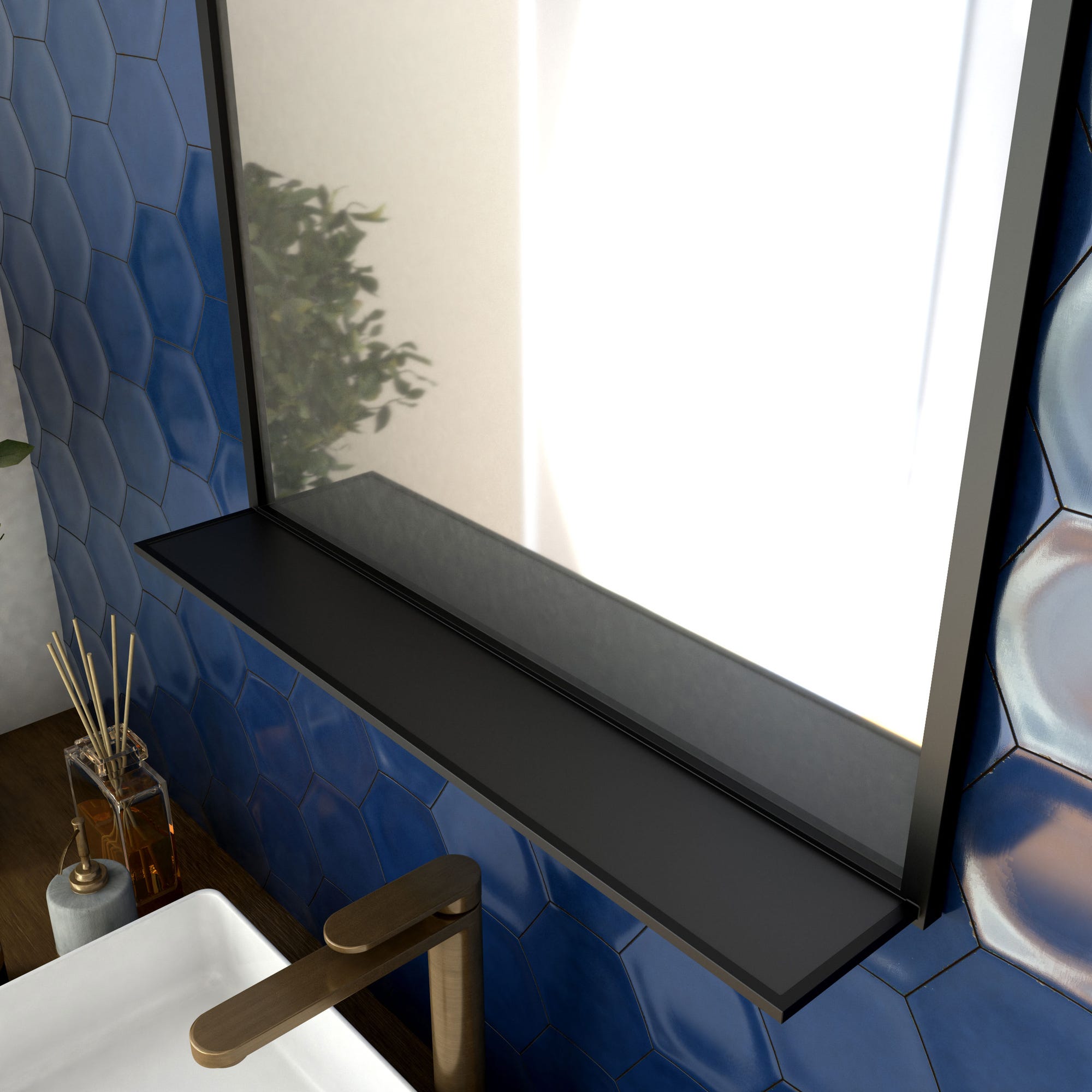 Miroir salle de bain 80x60cm - laqué noir mat avec étagères - FRAMED MIRROR 1