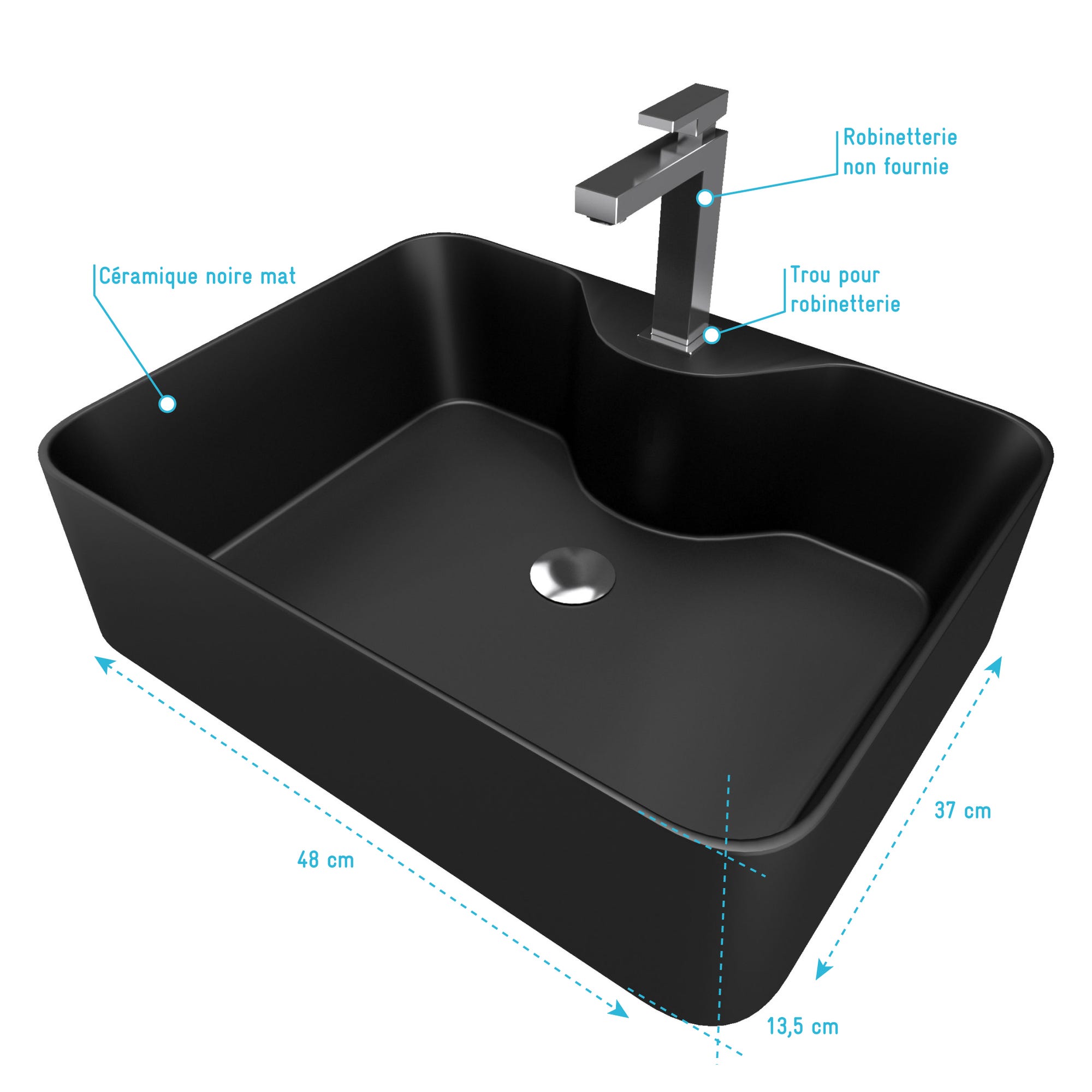 Vasque à poser rectangle en céramique noire - 48x37x13.5cm - RECTANGULAR DARK 3