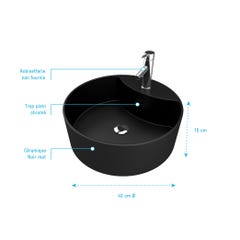 Vasque à poser ronde en céramique noire - diamètre 41cm - hauteur 15cm - ROLL ON DARK