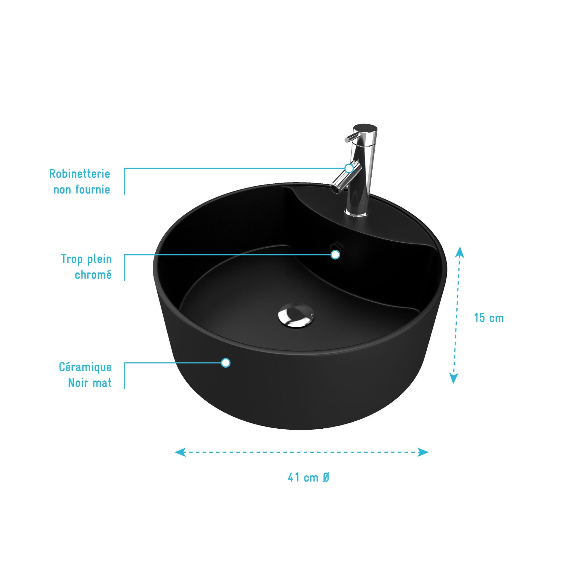Vasque à poser ronde en céramique noire - diamètre 41cm - hauteur 15cm - ROLL ON DARK 3