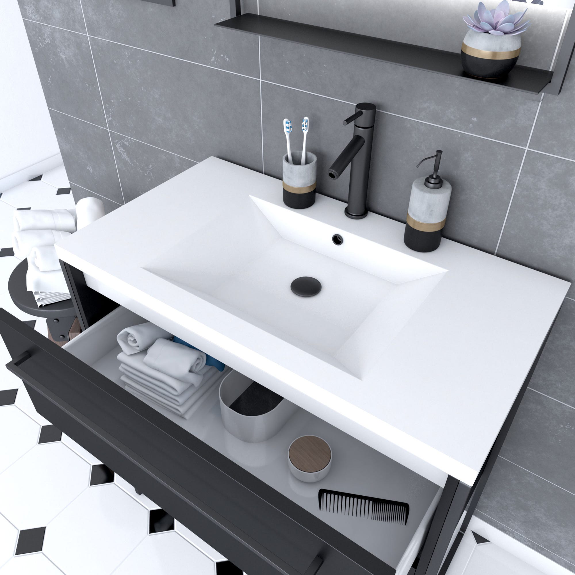 Meuble de salle de bain 80x50cm NOIR MAT - 2 tiroirs Noir mat - vasque blanche - STRUCTURA P054 1