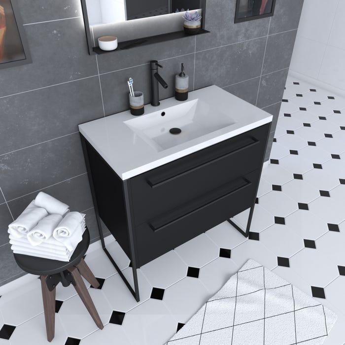 Meuble de salle de bain 80x50cm NOIR MAT - 2 tiroirs Noir mat - vasque blanche - STRUCTURA P054 0