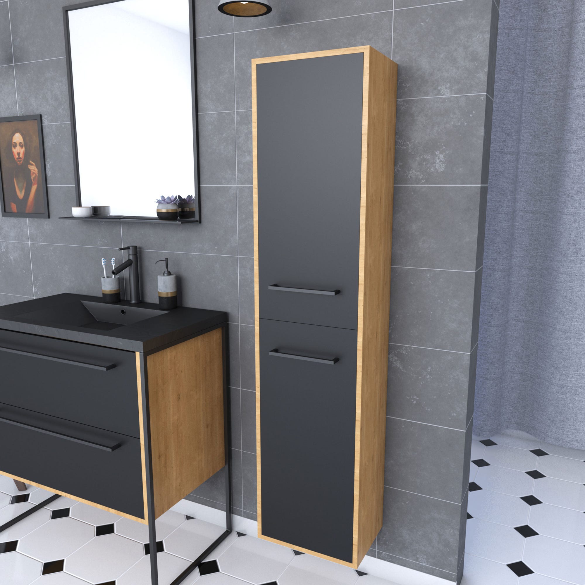 Colonne de salle de bain chene brun 30x35x150 cm avec 2 portes et poignees noir mat - STRUCTURA F083 0