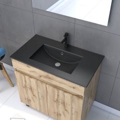 Meuble salle de bain 80x80 - Finition chene naturel + vasque noire + miroir Led - TIMBER 80 - Pack06 1