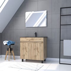 Meuble salle de bain 80x80 - Finition chene naturel + vasque noire + miroir Led - TIMBER 80 - Pack06 0