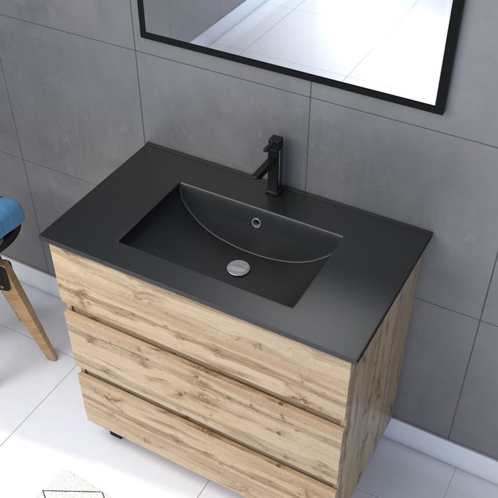 Meuble salle de bain 80x80 cm - Finition chene naturel + vasque noire + miroir - TIMBER 80 - Pack17 1