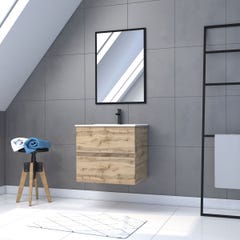 Meuble salle de bain 60x54cm - Finition chene naturel + vasque blanche + miroir - TIMBER 60 - Pack09 0