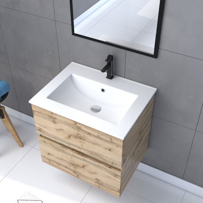 Meuble salle de bain 60x54cm - Finition chene naturel + vasque blanche + miroir - TIMBER 60 - Pack09 1