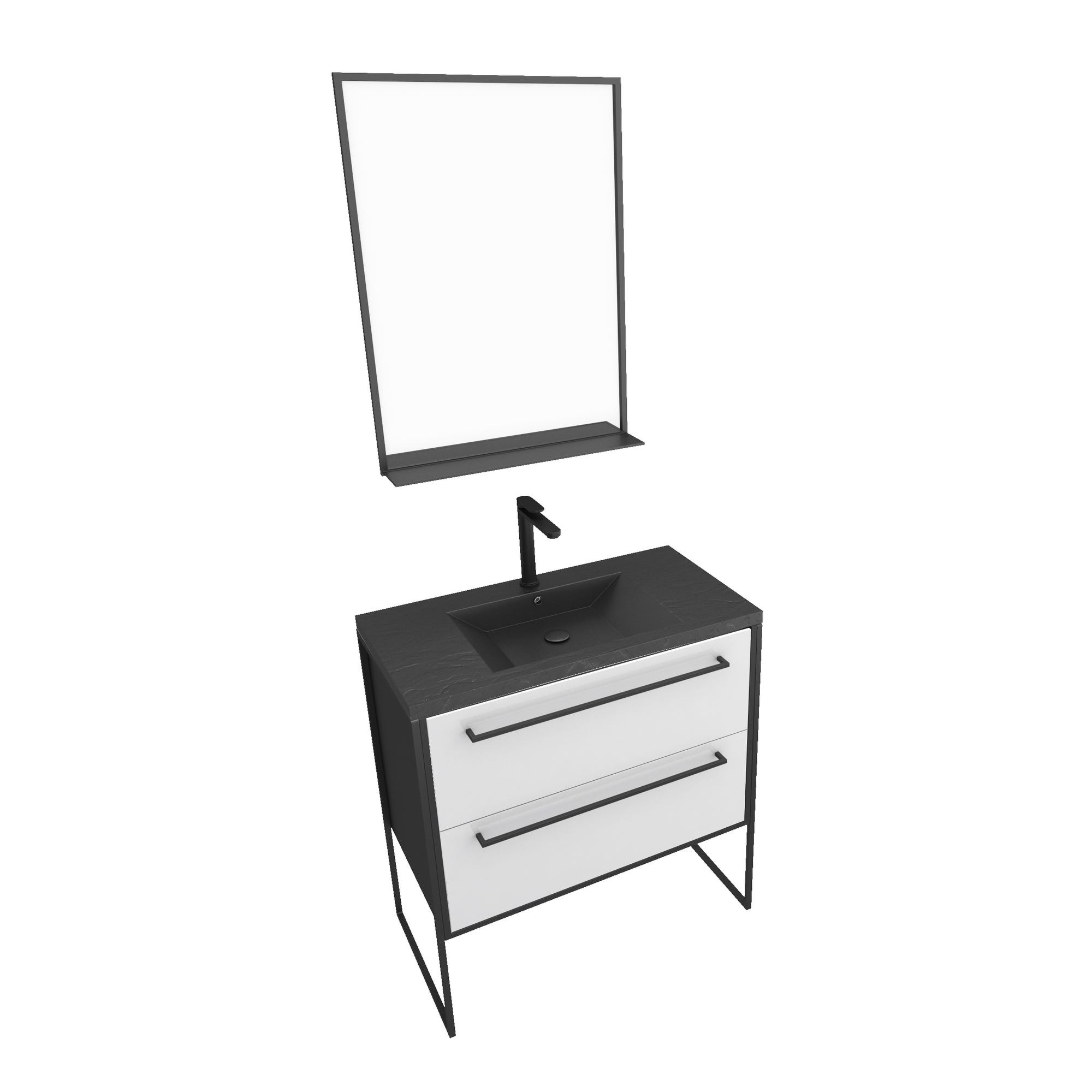 Pack Meuble de salle de bain 80x50cm - 2 tiroirs BLANC - vasque résine noire effet pierre - miroir 2
