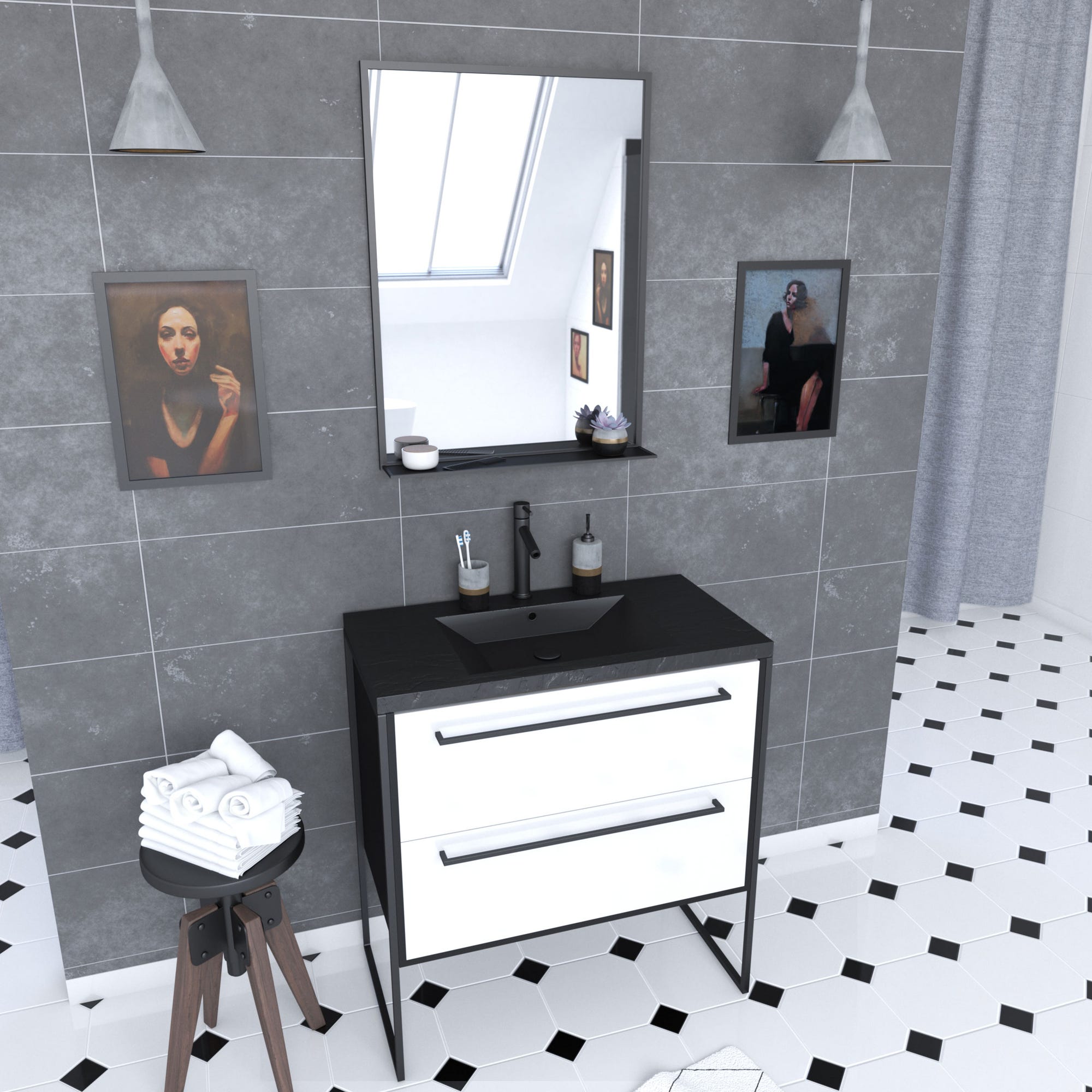 Pack Meuble de salle de bain 80x50cm - 2 tiroirs BLANC - vasque résine noire effet pierre - miroir 0