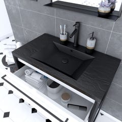 Pack Meuble de salle de bain 80x50cm - 2 tiroirs BLANC - vasque résine noire effet pierre - miroir 1
