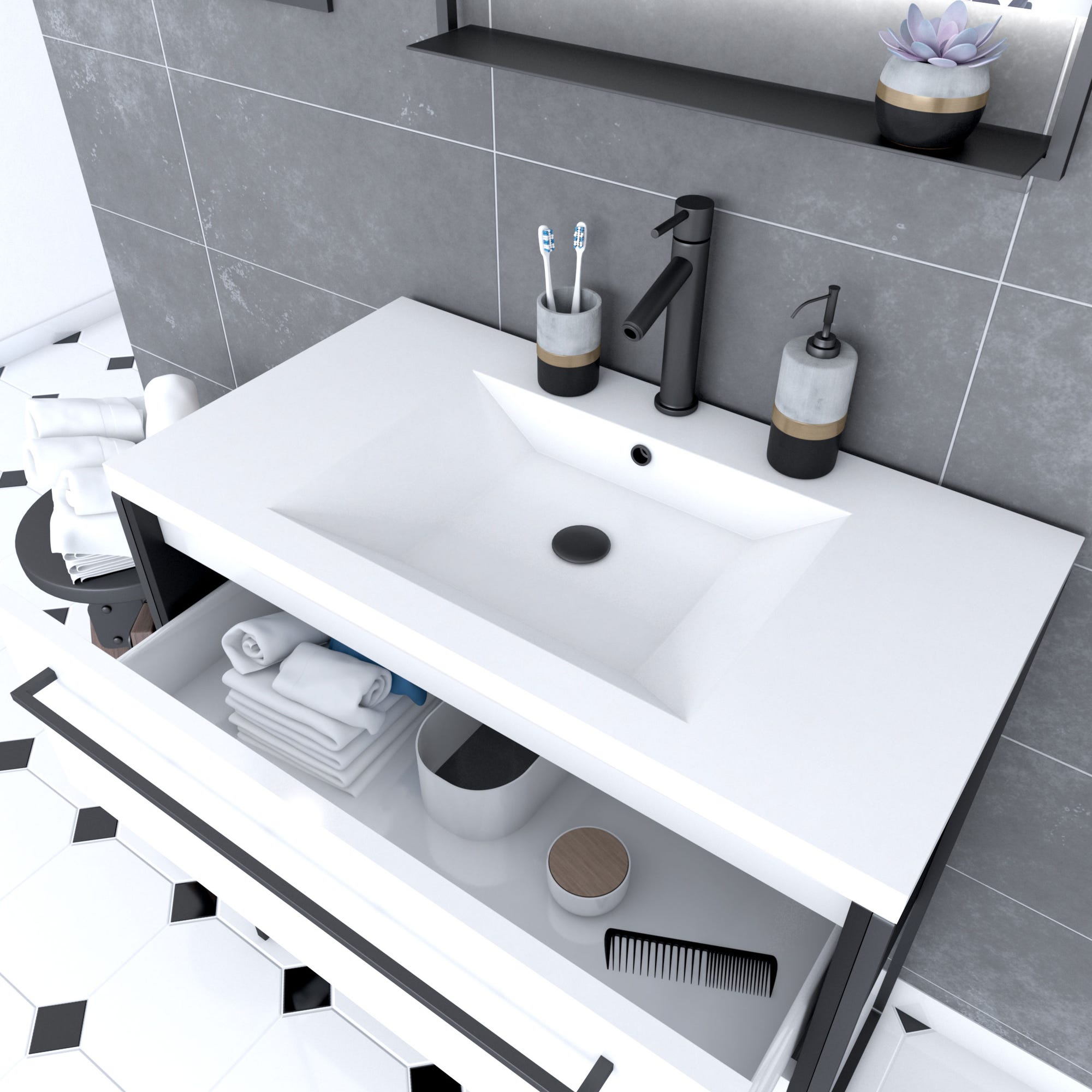 Meuble de salle de bain 80x50cm NOIR MAT - 2 tiroirs blanc - vasque blanche - STRUCTURA F034 1