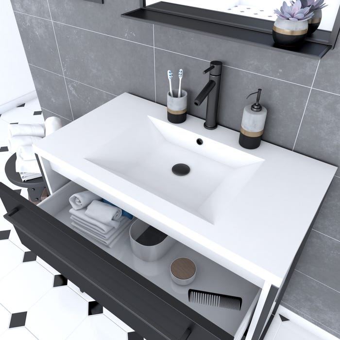 Pack meuble de salle de bain 80x50 Blanc - 2 tiroirs + vasque resine blanche + miroir noir mat 1