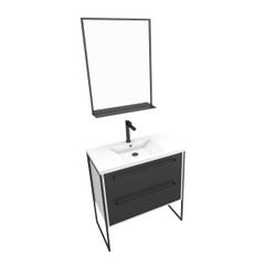 Pack meuble de salle de bain 80x50 Blanc - 2 tiroirs + vasque resine blanche + miroir noir mat 2