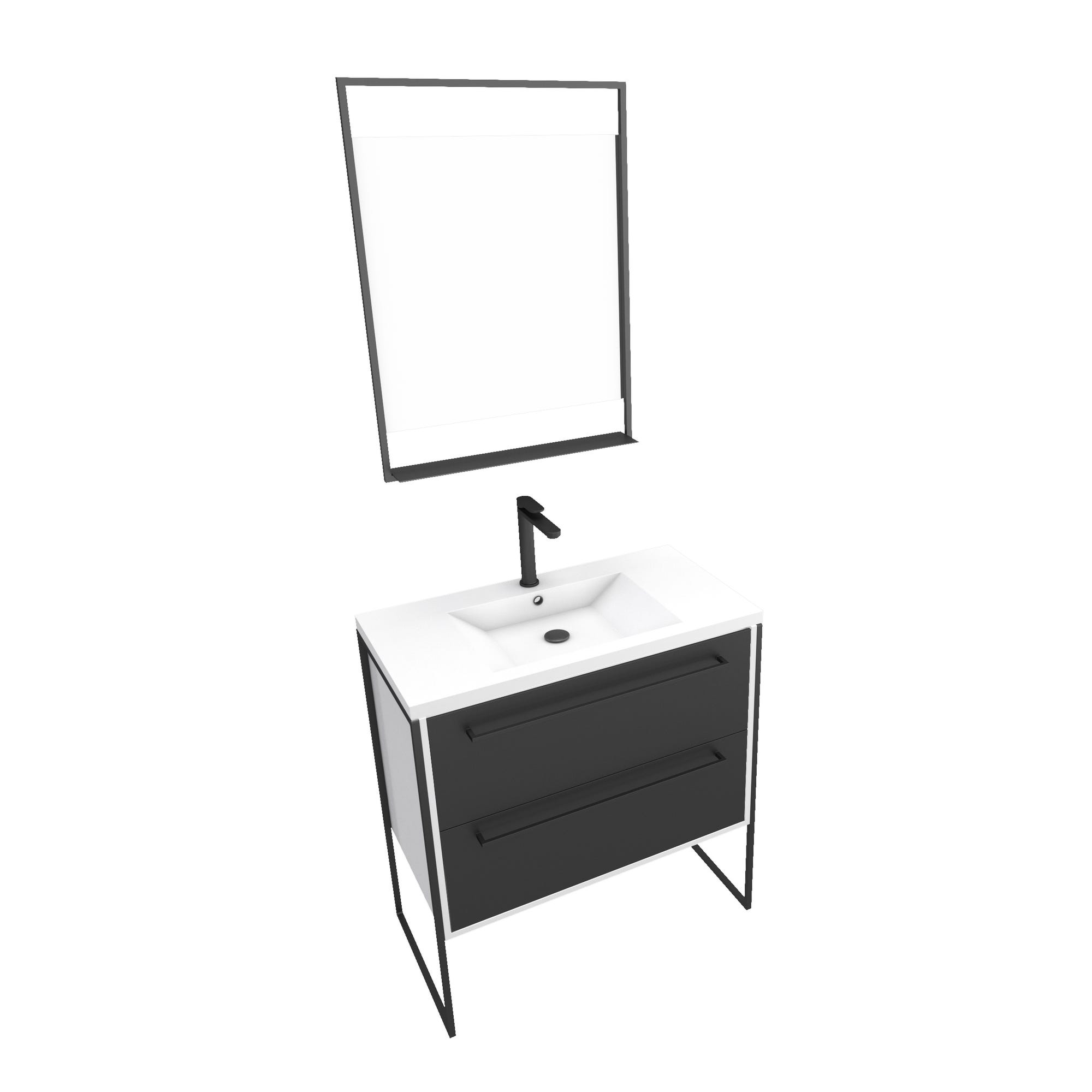 Pack meuble de salle de bain 80x50 cm Blanc - 2 tiroirs - vasque resine blanche - miroir LED 2