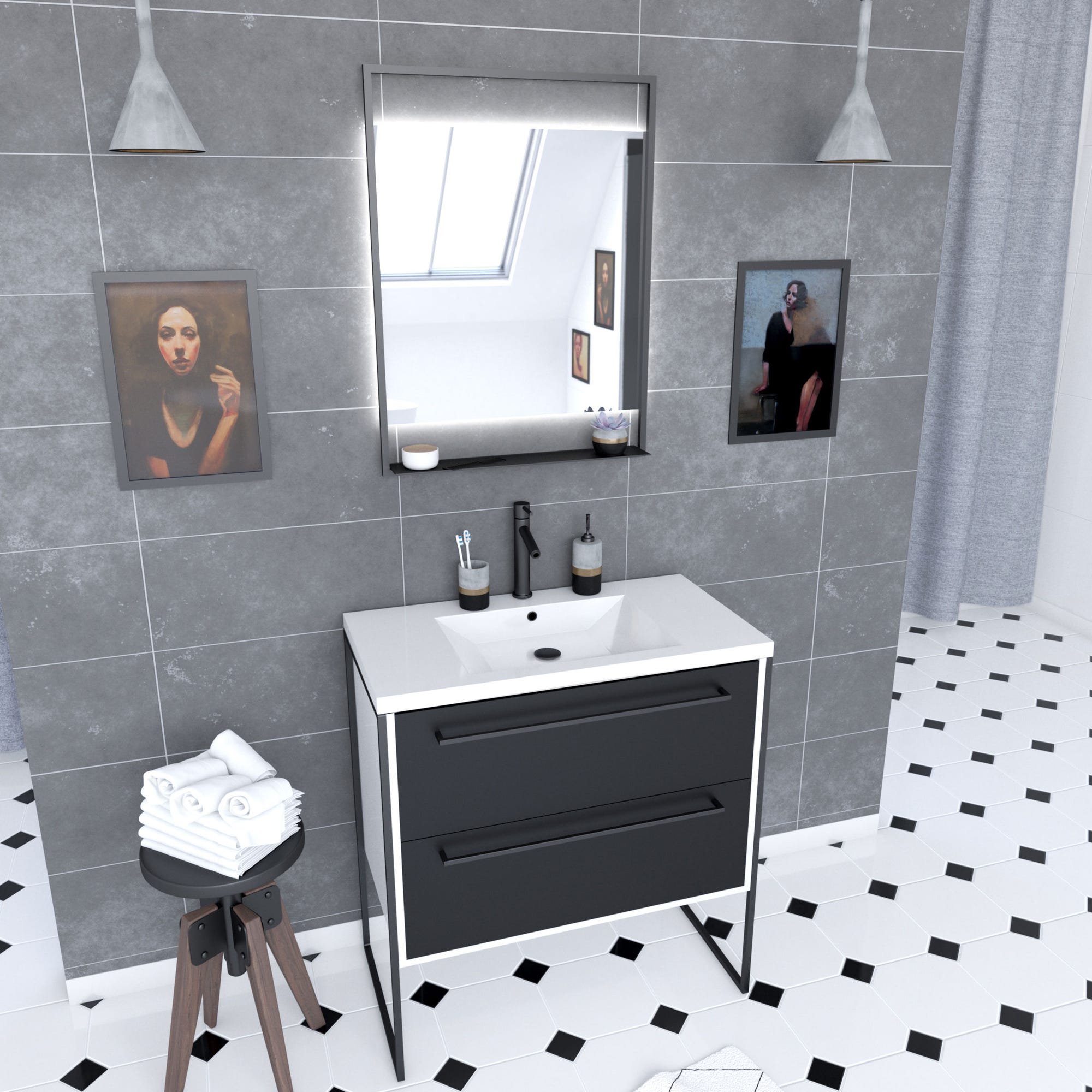 Pack meuble de salle de bain 80x50 cm Blanc - 2 tiroirs - vasque resine blanche - miroir LED 0
